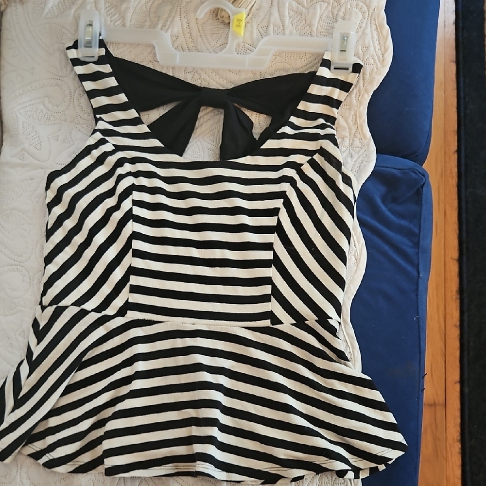 Black and White Striped Women's  tanktop with cut out back size L  by Monteau